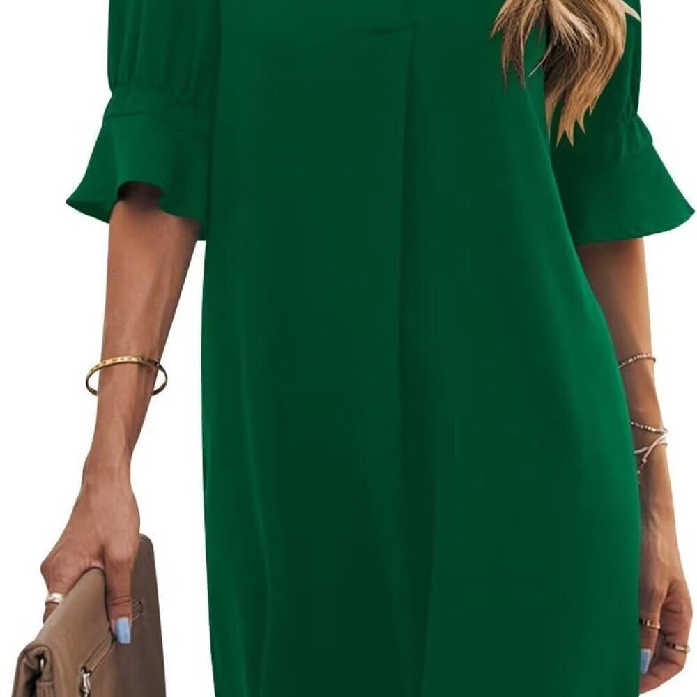Shift Dress for Women V Neck Short Sleeves Solid Color Casual Flowy Summer Dress